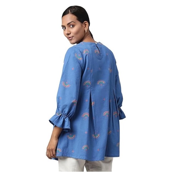 FabIndia Women's XS Tunic Top‎ Linen Blend Blue Rainbow Pattern Blouse EUC - Picture 2 of 14